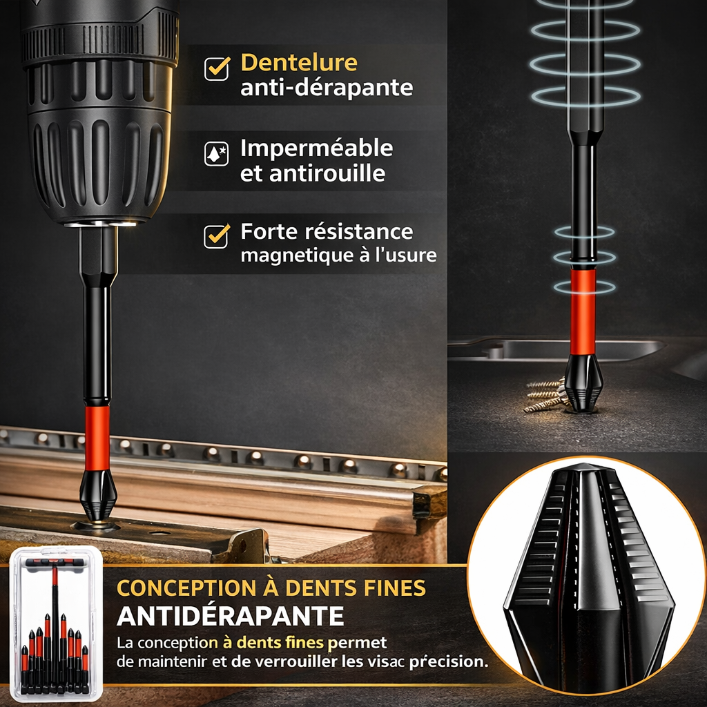 Embouts Anti-Glisse Pro 62HRC HexafixPro - jeu de 6 embouts antidérapants pour tournevis magnétique